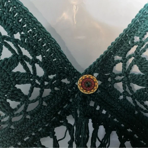 Hand Crafted Halter Crochet  Bohemian with Fringe Coverup  M/L Teal Green/Blue - Picture 4 of 11